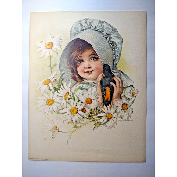 Victorian Art Print Daisy Girl Blackbird Lithograph 1907 Maud Humphrey Original - Picture 2 of 5